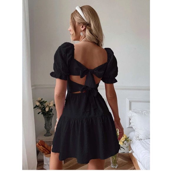 Black Mini Dress Square Neck Short Puff Sleeve Open Back Bow Ties - Picture 3 of 7